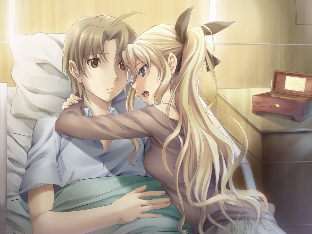 1boy 1girl arms_around_neck artist_request bed black_ribbon blanket blonde_hair blue_eyes brown_eyes brown_hair brown_shirt casual closed_mouth eyelashes game_cg hair_ribbon hospital_bed hospital_gown indoors katawa_shoujo long_hair long_sleeves nakai_hisao non-web_source official_alternate_costume official_art open_mouth pillow ponytail ribbon satou_lilly shirt short_hair short_sleeves teeth under_covers upper_teeth_only
