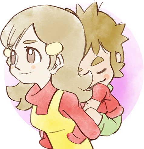 1boy 1girl 5-volt 9-volt apron brown_eyes brown_hair carrying green_pants long_hair lowres mother_and_son nintendo official_art pants piggyback red_sweater sleeping smile sweater takeuchi_kou third-party_source warioware warioware:_get_it_together! yellow_apron