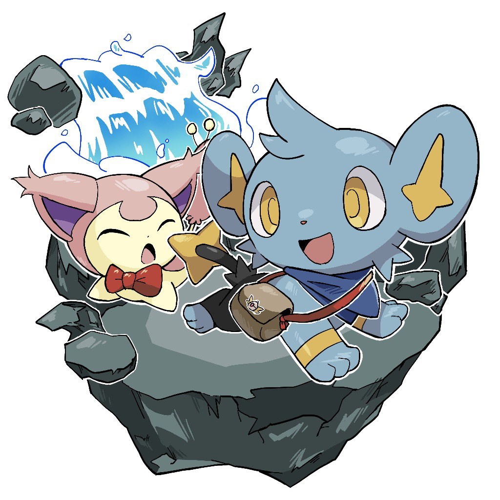 animal_focus bag blue_neckerchief bow bowtie cat closed_eyes commentary gen_3_pokemon gen_4_pokemon kitten neckerchief nintendo no_humans o_o_(pixiv_91006494) open_mouth pokemon pokemon_(creature) pokemon_mystery_dungeon pokemon_mystery_dungeon:_explorers_of_time/darkness/sky red_bow red_bowtie rock running shinx simple_background skitty smile tail water waterfall white_background yellow_eyes