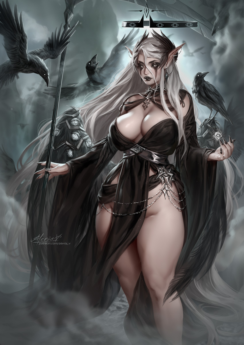 1girl aleriia_v animal animal_on_wing arkilia_(aleriia_v) bird black_dress black_lips black_nails black_wings blurry blurry_background breasts cleavage commentary crow dress ear_piercing earrings english_commentary extra_eyes feather_hair_ornament feathered_wings feathers feet_out_of_frame fingernails flying fog hair_between_eyes hair_ornament halo highres holding holding_scythe holding_weapon jewelry large_breasts long_hair long_sleeves looking_at_viewer magic original parted_lips pelvic_curtain piercing pointy_ears scythe sharp_fingernails simple_background skindentation solo thick_thighs thighs very_long_hair weapon white_eyes white_hair wide_sleeves wings