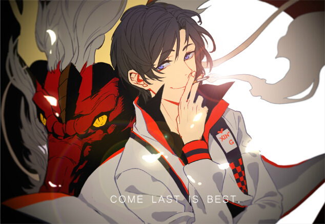1boy animal black_hair black_shirt cigarette closed_mouth dragon english_text holding jacket jokerplaner long_sleeves looking_at_viewer male_focus purple_eyes quan_zhi_gao_shou shirt short_hair smile smoke smoking solo upper_body white_background white_jacket ye_xiu yellow_eyes