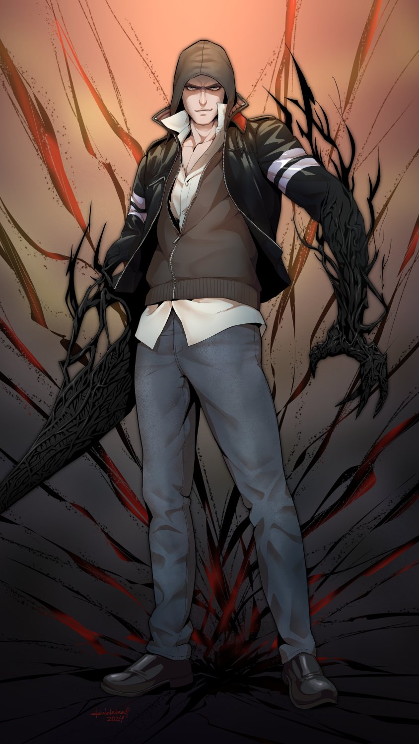 1boy alex_mercer armband artist_name aura black_jacket black_shoes claws closed_mouth collarbone dark_aura dark_persona denim full_body gb_(doubleleaf) hat highres holding holding_sword holding_weapon hood hoodie jacket jeans looking_at_viewer male_focus open_clothes open_jacket pants partially_unzipped popped_collar prototype_(game) red_eyes shirt shoes signature smile solo standing sword veins weapon white_shirt zipper