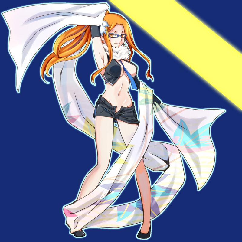 10s 1girl armpits bad_id bad_pixiv_id breasts cleavage devil_survivor_(series) devil_survivor_2 elbow_gloves female_focus glasses gloves groin hair_ornament kujou_hinako matching_hair/eyes miniskirt nachisuke navel necktie no_panties orange_eyes orange_hair ponytail skirt smile solo square-end_necktie unbuttoned