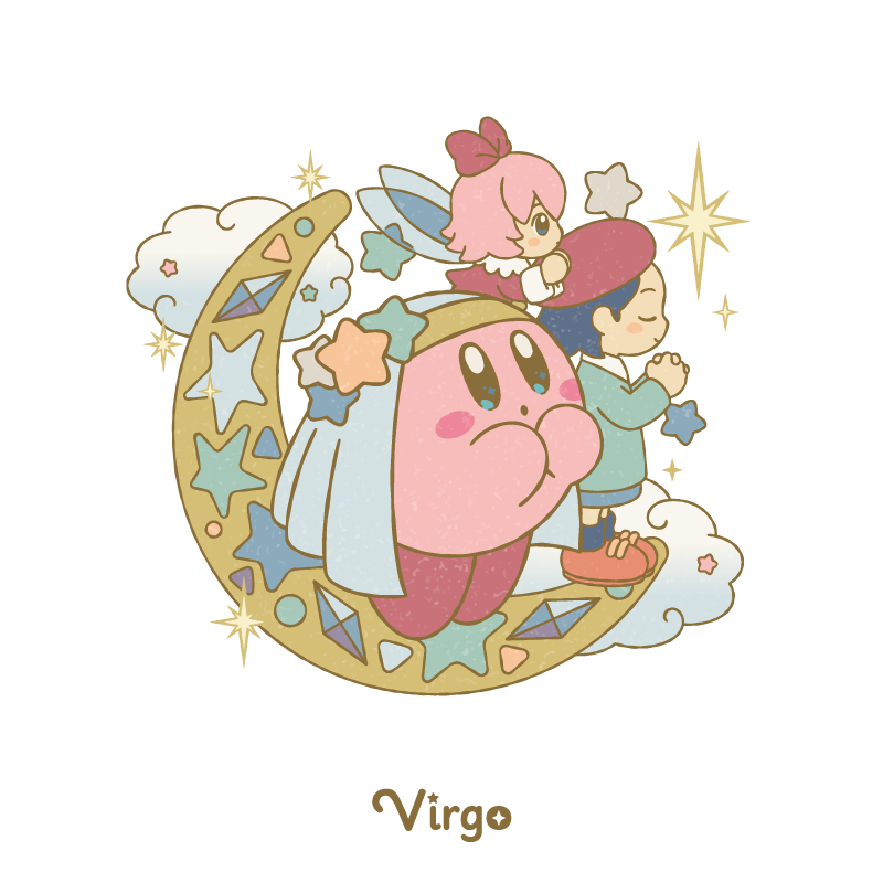 2girls artist_request beret black_hair blue_eyes blue_socks blush blush_stickers bow closed_mouth cloud crescent crystal dress fairy_wings flying from_side green_shirt hair_bow hat kirby kirby_(series) kirby_64 long_sleeves multiple_girls nintendo official_art open_mouth own_hands_together pink_hair red_bow red_dress red_hat red_shoes ribbon_(kirby) second-party_source shirt shoes short_hair smile socks standing star_(symbol) transparent_background virgo_(zodiac) white_headdress wings zodiac
