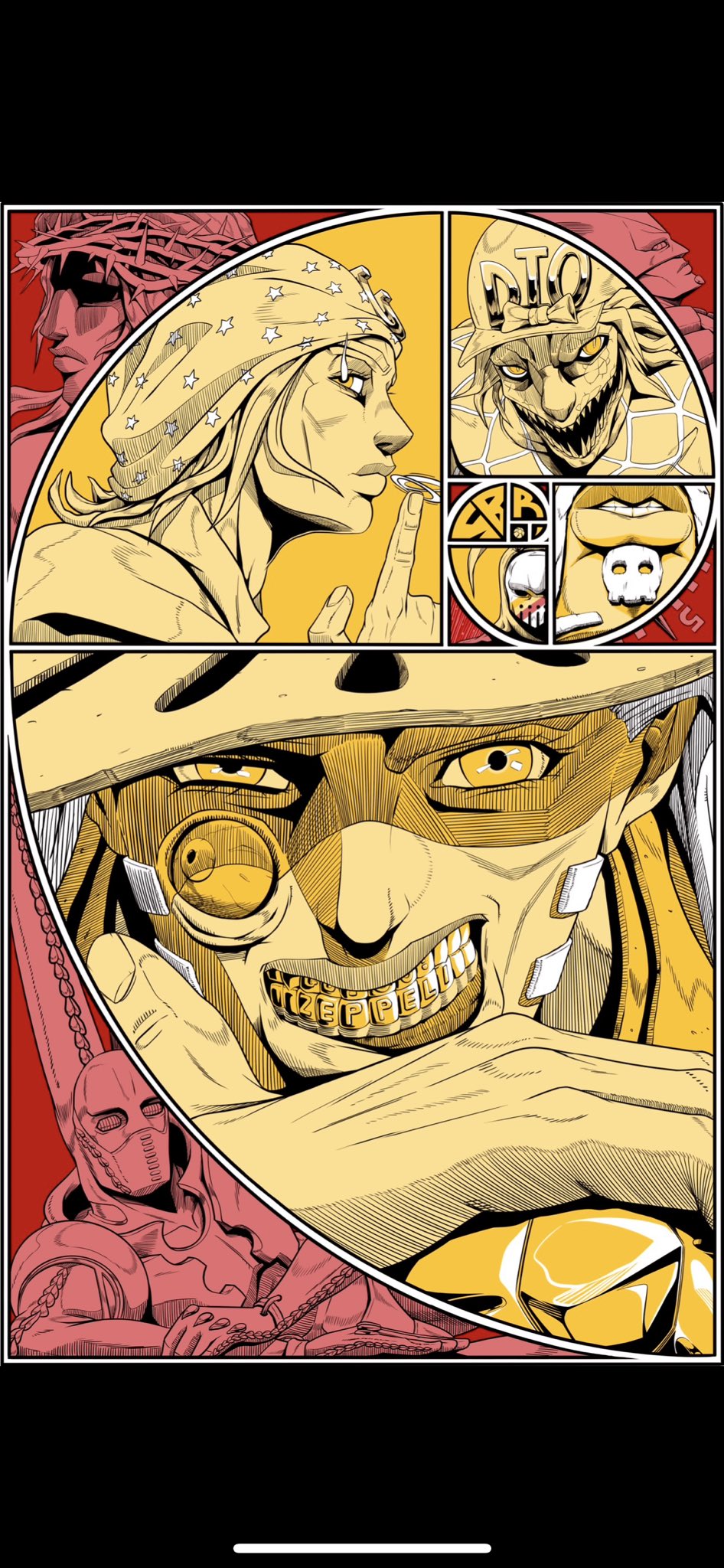 diego_brando dirty_deeds_done_dirt_cheap gyro_zeppeli hat highres johnny_joestar jojo_no_kimyou_na_bouken male_focus multiple_boys ricepiratemick scary_monsters_(stand) sharp_teeth stand_(jojo) steel_ball_run teeth