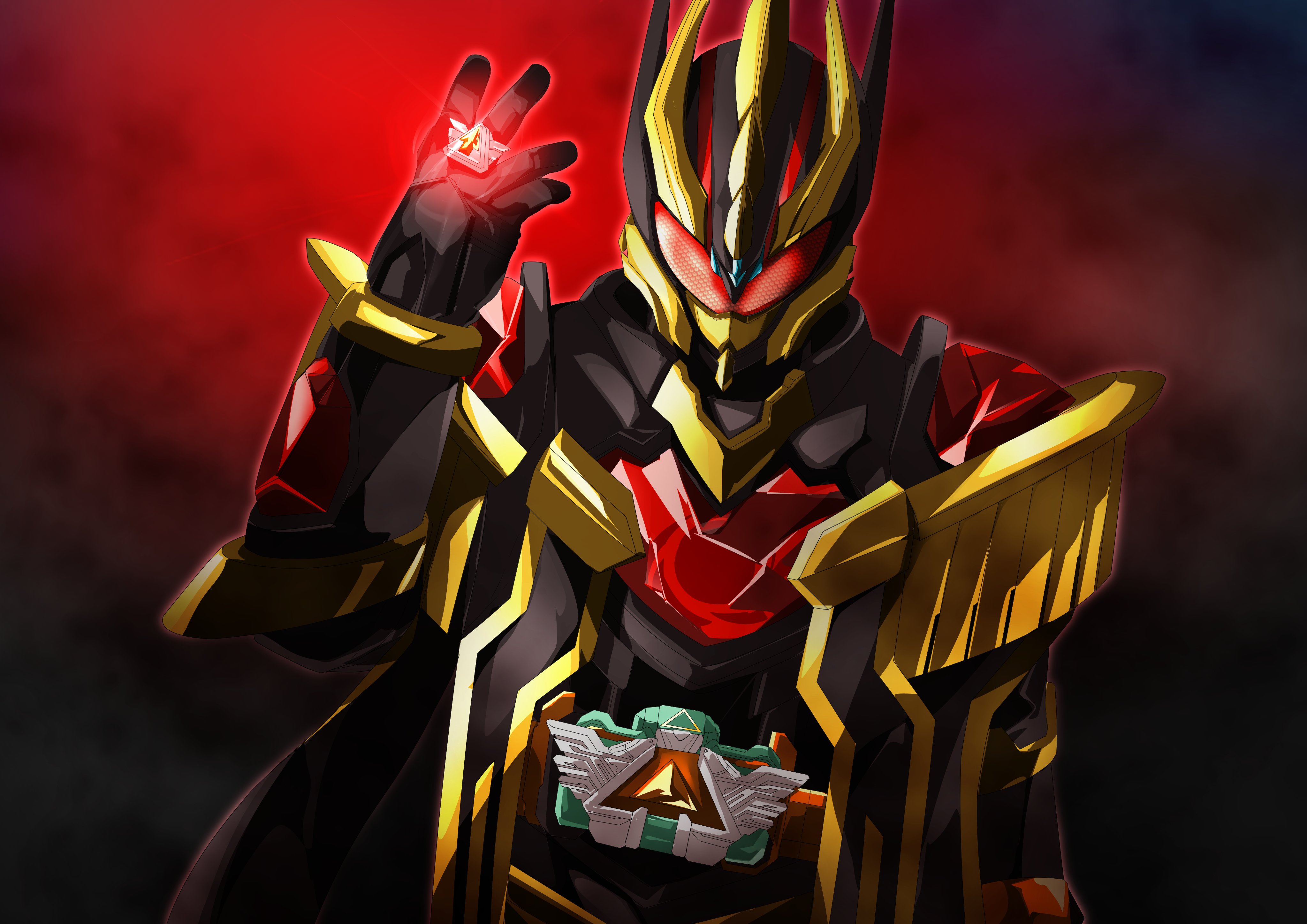 1boy absurdres alchemisdriver alchemist armor black_armor cape rider_belt gem glowing gold_armor gold_trim highres jewelry kamen_rider kamen_rider_gotchard_(series) kamen_rider_wind male_focus miyabi_(037) open_hand red_eyes red_gemstone rider_belt ring tokusatsu