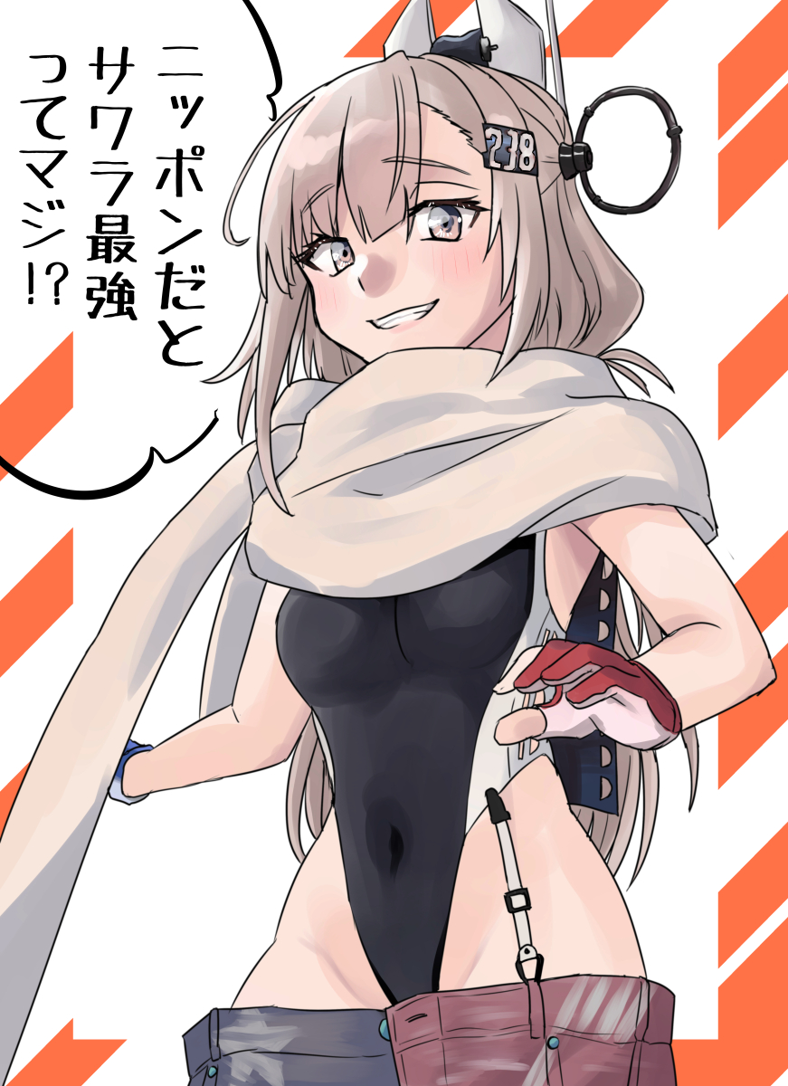 1girl black_one-piece_swimsuit blue_gloves blush breasts brown_eyes brown_hair commentary covered_navel english_commentary gloves hair_between_eyes hair_ornament headgear highres kantai_collection long_hair looking_at_viewer medium_breasts nekotarou_(nktr299) one-piece_swimsuit partially_fingerless_gloves red_gloves scarf shorts simple_background solo speech_bubble swimsuit translated wahoo_(kancolle) white_scarf
