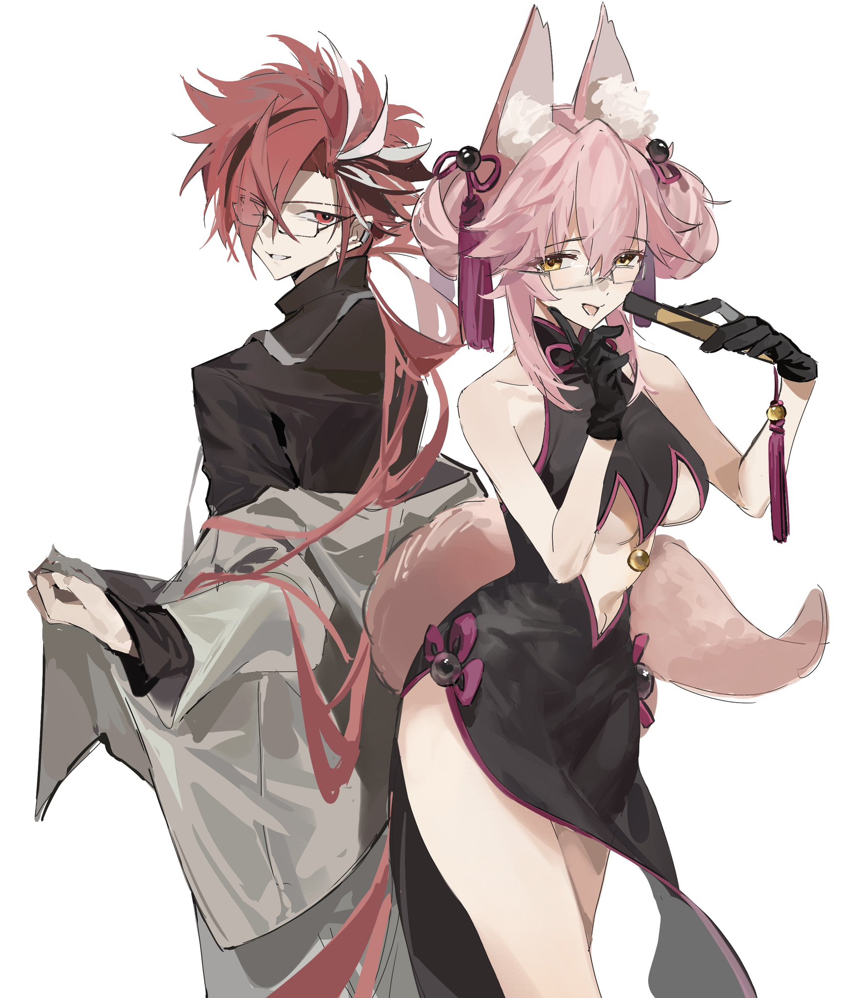 1boy 1girl animal_ear_fluff animal_ears back-to-back bare_shoulders bell black_dress black_gloves black_shirt breasts center_opening china_dress chinese_clothes coat curtained_hair double_bun dress fate/grand_order fate_(series) folding_fan glasses gloves hair_between_eyes hair_bun hair_ornament hair_over_one_eye hand_fan hand_on_own_chin highres jingle_bell koyanskaya_(chinese_lostbelt_outfit)_(fate) koyanskaya_(fate) long_hair looking_at_viewer muki_(muki_kunxd) multicolored_hair open_mouth pink_hair rabbit_ears rabbit_tail red_eyes red_hair shirt side_slit sidelocks simple_background sleeveless sleeveless_dress smile streaked_hair tail takasugi_shinsaku_(fate) tamamo_(fate) tassel thighs underboob white_background white_coat