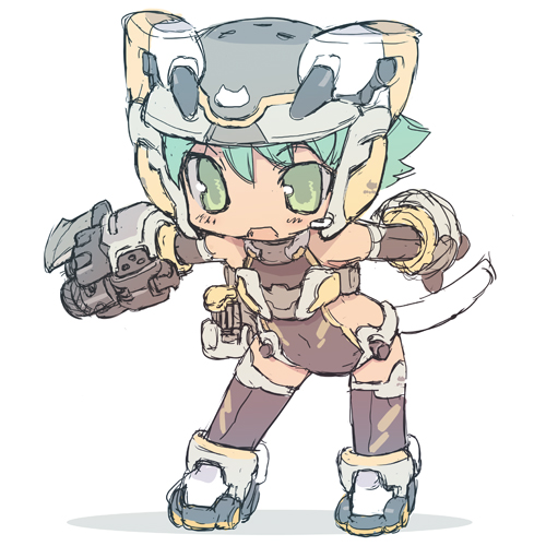 10s bad_id bad_pixiv_id blade_(galaxist) blush busou_shinki chibi green_eyes green_hair gun helmet lowres maochao solo tail thighhighs weapon