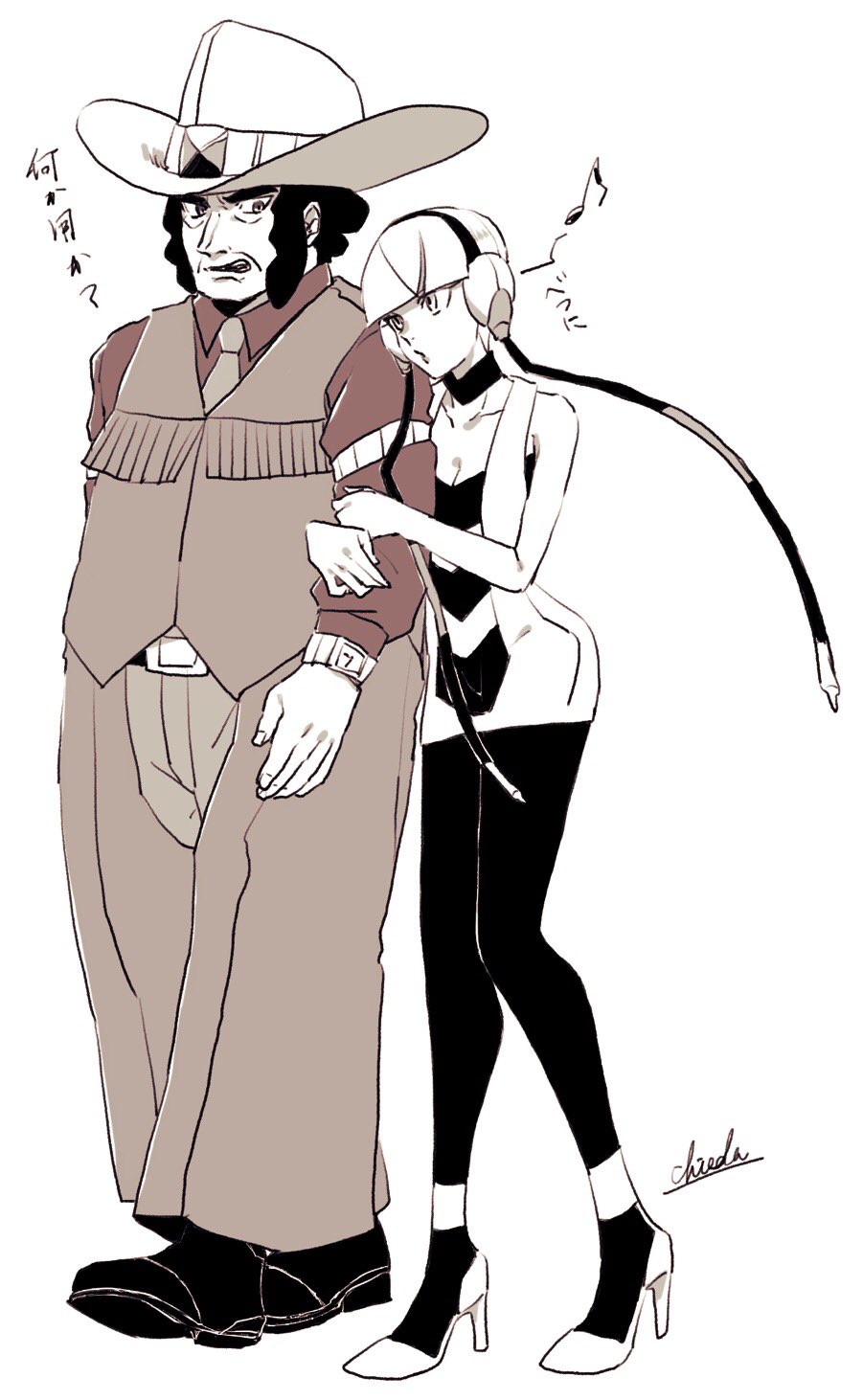 1boy 1girl bare_shoulders barefoot black_pantyhose blunt_bangs bow bowtie breasts brown_vest choker clay_(pokemon) cleavage cowboy_hat cowboy_western dress elesa_(pokemon) hat high_heels highres long_sleeves microdress mmnmymns2up monochrome nintendo pantyhose pokemon pokemon_bw short_dress sleeveless sleeveless_dress small_breasts traditional_bowtie translation_request vest