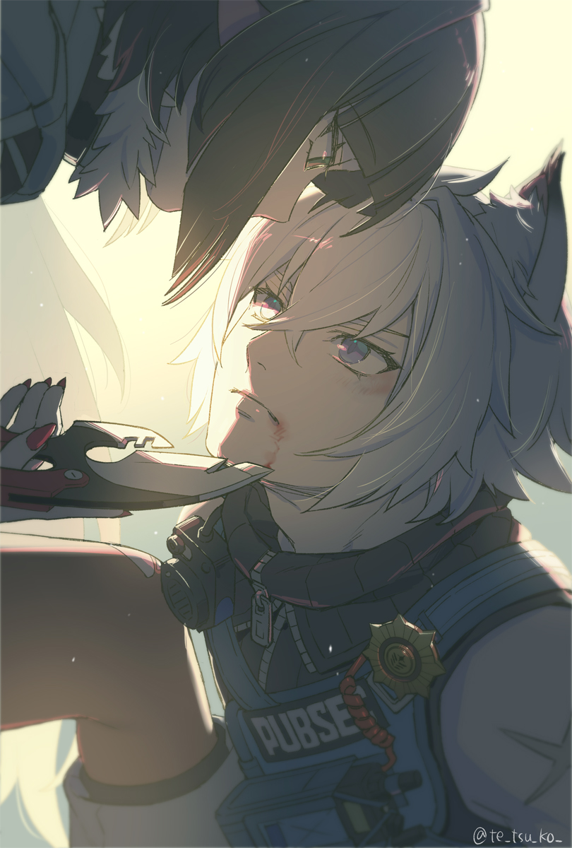 1boy 1girl animal_ears black_hair blood blood_from_mouth blood_on_face cat_boy cat_ears close-up fur-trimmed_jacket fur_trim green_jacket highres holding holding_knife holding_weapon jacket jane_doe_(zenless_zone_zero) knife looking_at_another mouse_ears mouse_girl police police_badge police_uniform policeman purple_eyes red_nails scar scar_on_arm seth_lowell sleeveless tetsukuzu_tetsuko weapon white_hair zenless_zone_zero zipper_pull_tab