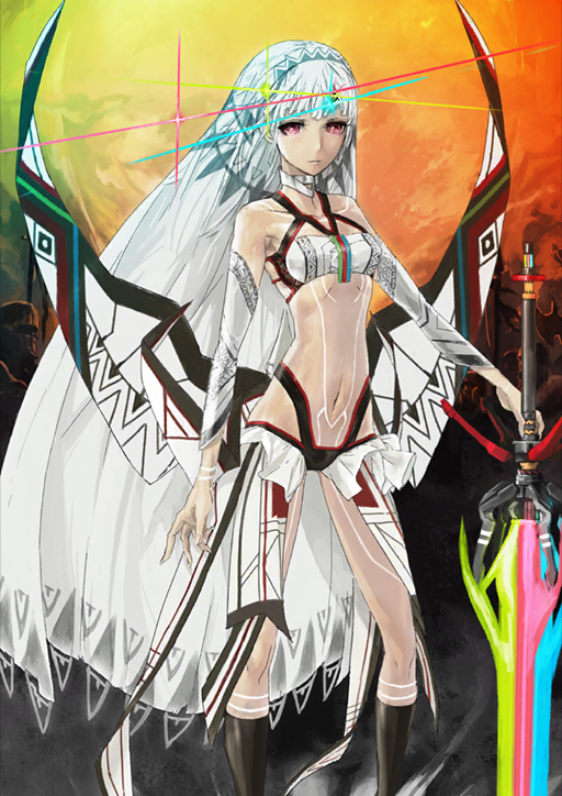 1girl altera_(fate) arm_at_side bandeau bare_shoulders battlefield black_panties black_socks breasts closed_mouth clothing_cutout collarbone dark-skinned_female dark_skin detached_sleeves diffraction_spikes expressionless fate/grand_order fate_(series) feet_out_of_frame full-body_tattoo hand_on_hilt holding holding_sword holding_weapon huke legs_apart leotard long_veil looking_at_viewer navel official_art orange_background panties photon_ray_(fate) red_eyes socks solo standing sword tattoo third-party_source underwear veil weapon white_bandeau white_hair white_sleeves white_veil
