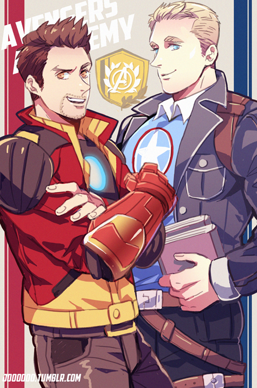 2boys animification avengers_(series) avengers_academy beard blonde_hair book brown_hair captain_america captain_america_(series) casual facial_hair iron_man iron_man_(series) jacket jo_(artist) marvel multiple_boys steve_rogers tony_stark