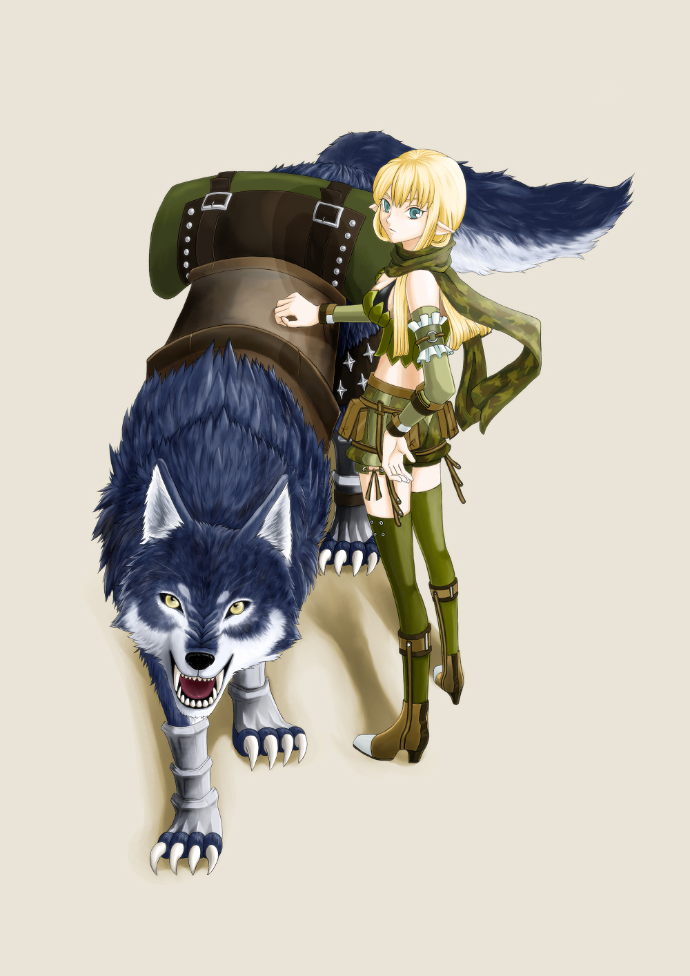 1girl belt belt_pouch blonde_hair boots bra_strap breasts brown_belt brown_boots camouflage camouflage_scarf camouflage_shorts closed_mouth commentary_request detached_sleeves expressionless full_body green_eyes green_scarf green_shorts green_sleeves green_thighhighs green_tube_top grey_background hi_(ibisf5umauma) highres long_hair looking_at_viewer medium_breasts pointy_ears pouch ragnarok_online ranger_(ragnarok_online) saddle scarf shorts simple_background solo strapless thighhighs tube_top wolf