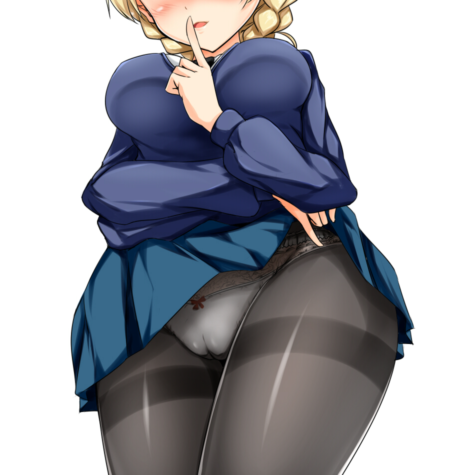 jjgirls ロ－アングル まんこ kurokoshou (emuburemu123), darjeeling (girls und panzer), girls und panzer,  10s, 1girl, black pantyhose, blonde hair, blue skirt, blue sweater, bow,  bow panties, breasts, cameltoe, clothes lift, female focus, finger to  mouth, from