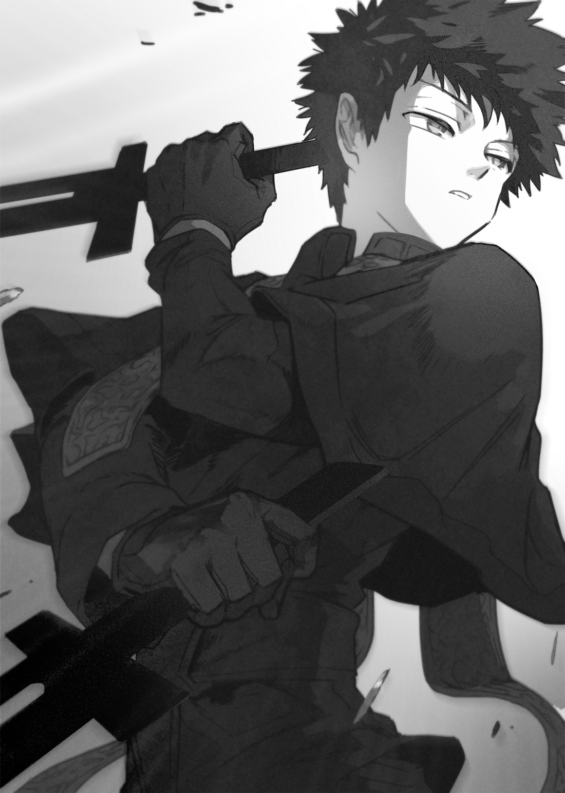 1boy capelet dual_wielding fighting_stance gloves greyscale hand_up highres holding holding_sword holding_weapon kazama_souya kzmsnmjkk long_sleeves looking_to_the_side male_focus monochrome priest robe shards short_hair short_sword solo sword upper_body veil weapon world_trigger