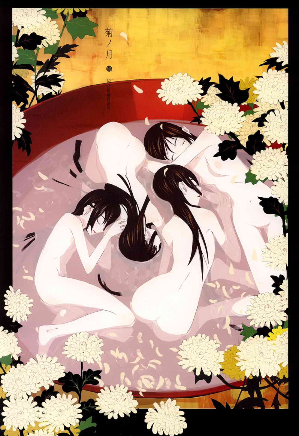4girls alcohol cherry_blossoms comic highres multiple_girls nude okama original petals sake