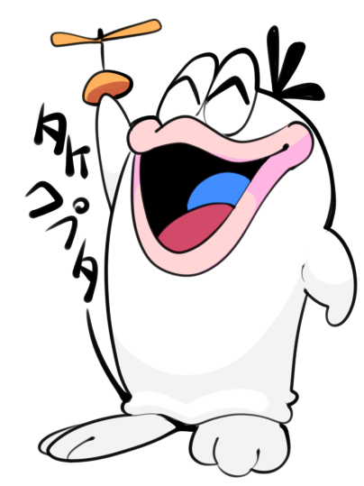 ^_^ arm_at_side arm_up closed_eyes fujiko_f_fujio_(style) full_body holding no_humans obake_no_q-tarou open_mouth q-tarou sido_(slipknot) simple_background solo thick_lips translation_request white_background