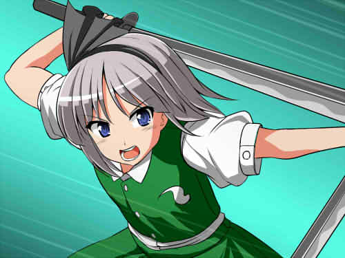 &gt;:o 1girl :o black_ribbon blue_eyes female_focus green_skirt green_vest hair_ribbon hairband holding holding_sword holding_weapon honda_takaharu incoming_attack jpeg_artifacts katana konpaku_youmu looking_at_viewer lowres open_mouth parody puffy_short_sleeves puffy_sleeves ribbon short_hair short_sleeves silver_hair skirt skirt_set solo star_ocean star_ocean_ex star_ocean_the_second_story sword touhou upper_body v-shaped_eyebrows vest weapon