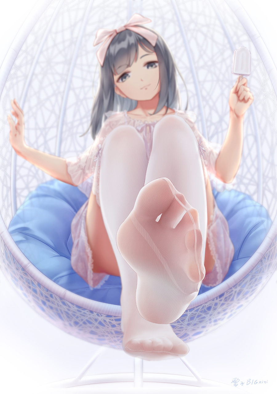 1girl bigxixi black_eyes black_hair blurry bow depth_of_field feet food foot_focus hair_bow head_tilt highres holding holding_food holding_popsicle long_hair looking_at_viewer popsicle see-through_clothes see-through_legwear sitting soles thighhighs toes white_thighhighs