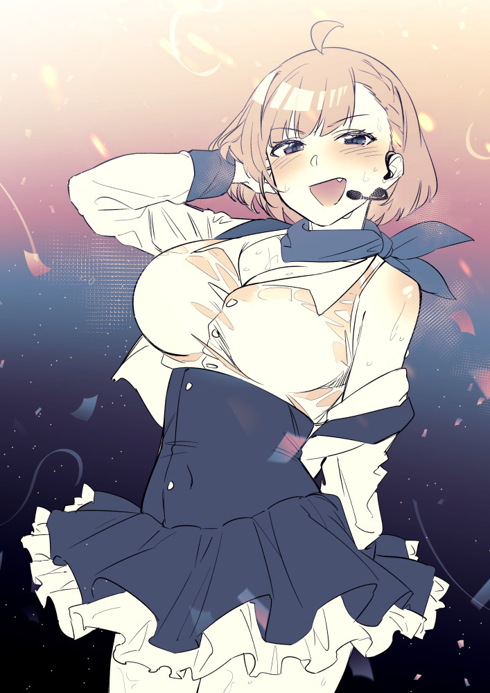 1girl ahoge blush breasts cleavage confetti crop_top earpiece fang frilled_skirt frills griffon_(last_origin) hand_in_own_hair headset ichihyaku_nanajuu jacket large_breasts last_origin limited_palette long_sleeves looking_at_viewer open_clothes open_jacket open_mouth short_hair simple_background skirt solo