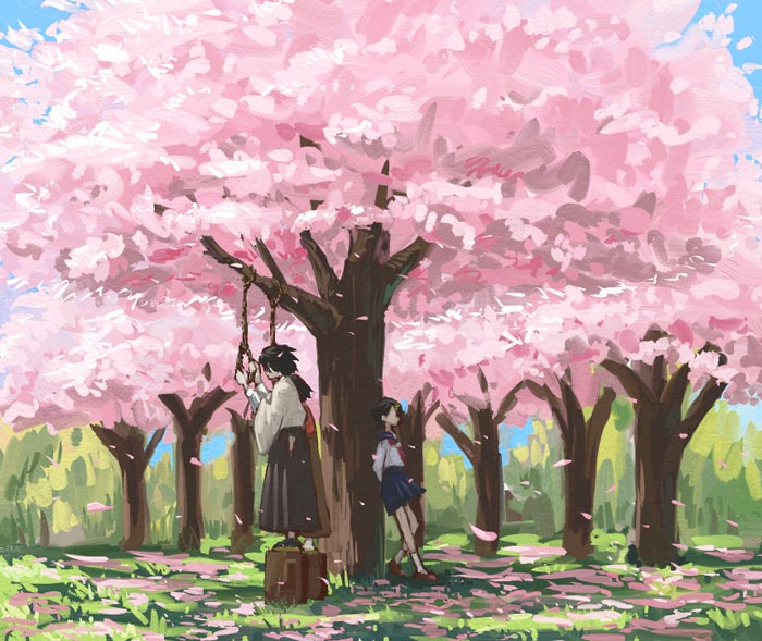 1boy 2girls against_tree black_hair blue_skirt cherry_blossoms cherry_tree commentary fuura_kafuka hakama imminent_suicide itoshiki_nozomu japanese_clothes kimono leaning multiple_girls namu_(nurui_cha) neckerchief noose red_neckerchief sailor_collar sayonara_zetsubou_sensei school_uniform serafuku shosei skirt standing_on_object suitcase translated tree tsunetsuki_matoi wide_shot