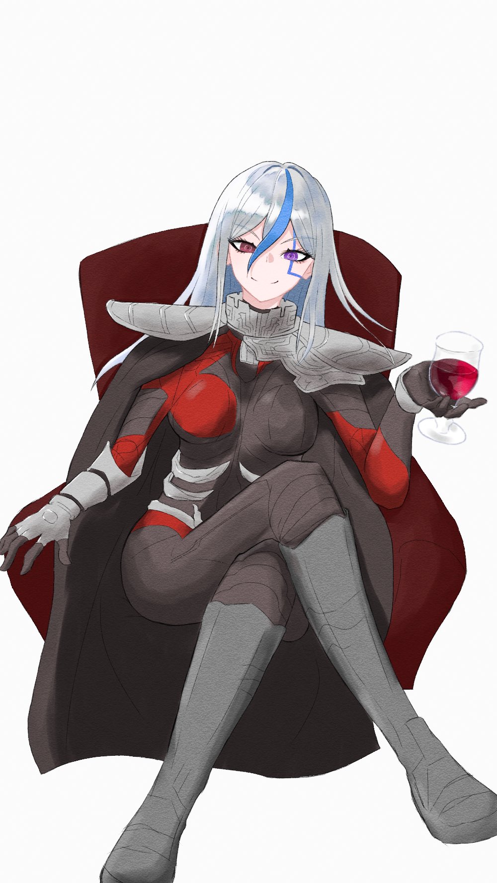 1girl armor black_bodysuit blue_hair bodysuit boots closed_mouth crossed_legs cup female_focus grey_boots hair_between_eyes highres holding holding_cup holding_glass holding_wine_glass looking_at_viewer multicolored_eyes multicolored_hair purple_eyes red_bodysuit red_eyes shoulder_armor sitting smile solo solo_focus the_hundred_line_-last_defense_academy- v&#039;ehxness white_hair
