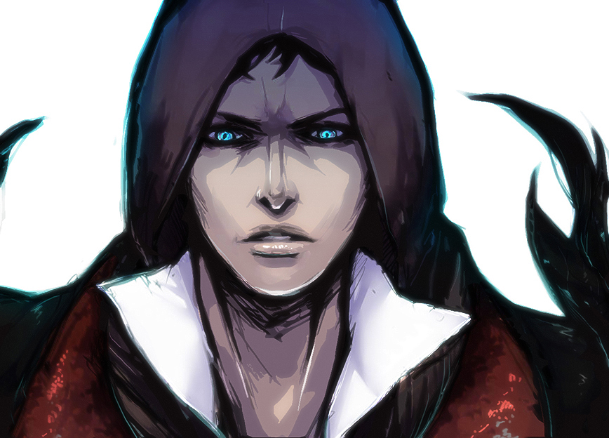 1boy alex_mercer black_hair blue_eyes grey_background hood hood_up light_blue_eyes male_focus parted_lips prototype_(game) royalcat simple_background solo tentacles upper_body
