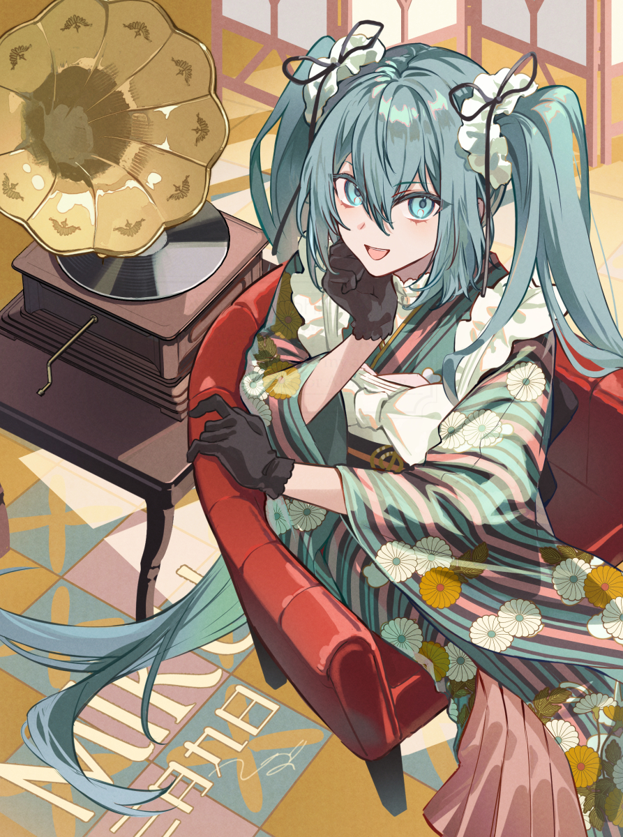 1girl :d alternate_costume aqua_eyes aqua_hair armchair black_gloves black_ribbon black_sash bow chair commentary feet_out_of_frame floral_print floral_print_kimono gloves hair_between_eyes hair_ornament hand_up hatsune_miku head_rest highres indoors japanese_clothes kimono long_hair long_sleeves looking_at_viewer miku_day obi on_chair open_mouth phonograph pink_skirt pleated_skirt poppoman print_kimono ribbon sash sitting skirt smile solo striped_clothes striped_kimono table tile_floor tiles twintails very_long_hair vocaloid white_bow wide_sleeves