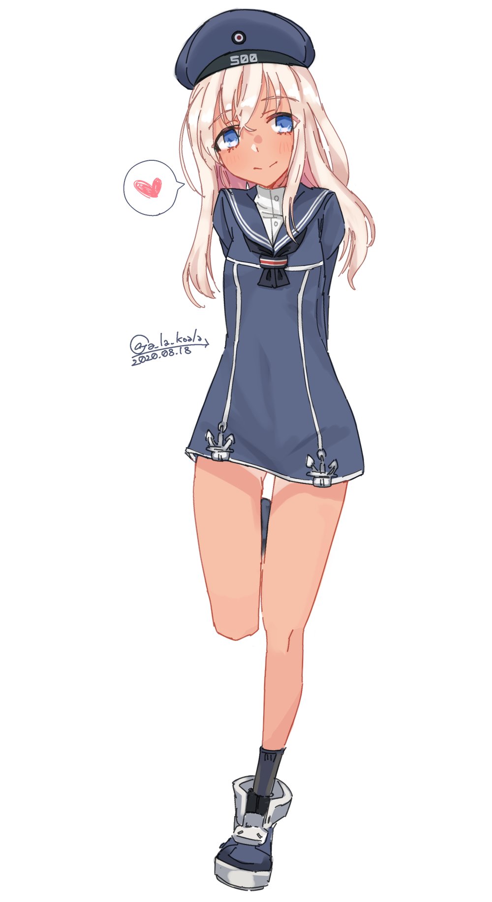 1girl alakoala arms_behind_back black_neckerchief blonde_hair blue_dress blue_eyes blue_hat blue_sailor_collar clothes_writing commentary_request cosplay dated dress hat heart highres kantai_collection long_hair looking_at_viewer neckerchief one-hour_drawing_challenge ro-500_(kancolle) sailor_collar sailor_dress sailor_hat simple_background smile solo spoken_heart tan tanline twitter_username white_background z1_leberecht_maass_(kancolle) z1_leberecht_maass_(kancolle)_(cosplay)