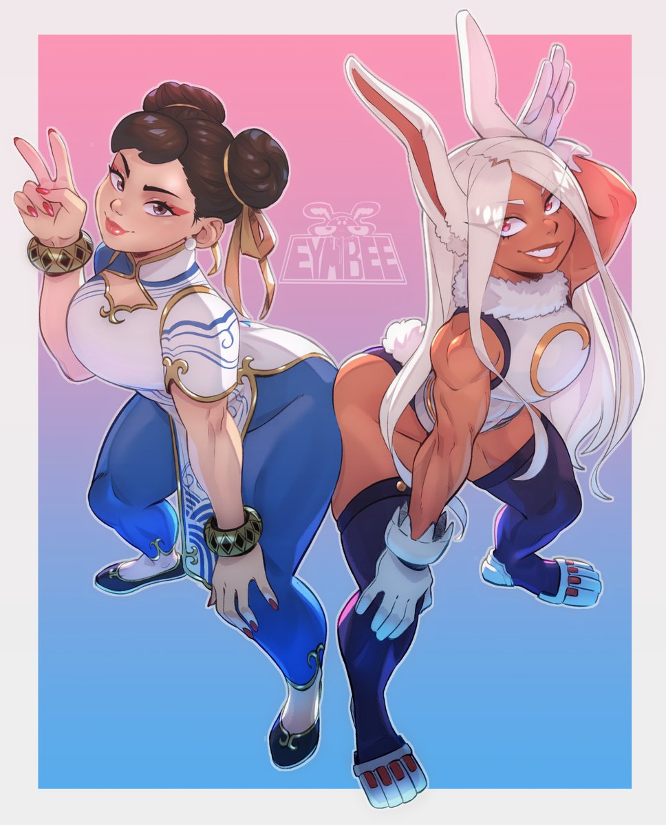 2girls animal_ears arm_up artist_logo artist_name ass ass-to-ass bare_shoulders birthday birthday_connection black_shoes blue_pants boku_no_hero_academia border bracelet breasts brown_eyes brown_hair capcom chinese_clothes chun-li clothing_cutout commentary crescent_print dark-skinned_female dark_skin double_bun dress earrings english_commentary eyeliner eymbee female_focus full_body fur_collar gloves gold_trim gradient_background grin hair_bun hair_ribbon hand_on_own_knee hand_up highleg highleg_leotard jewelry leaning_forward leotard logo long_eyelashes long_hair looking_at_viewer makeup mirko multiple_girls pants parted_bangs pelvic_curtain print_dress purple_thighhighs rabbit_ears rabbit_girl rabbit_pose rabbit_tail red_eyeliner red_eyes red_lips red_nails ribbon shoes short_sleeves sleeveless_turtleneck_leotard smile street_fighter stud_earrings tail tail_through_clothes taut_leotard thick_thighs thighhighs thighs tight_clothes tight_pants toned toned_female turtleneck v very_long_hair white_border white_dress white_gloves white_hair white_leotard