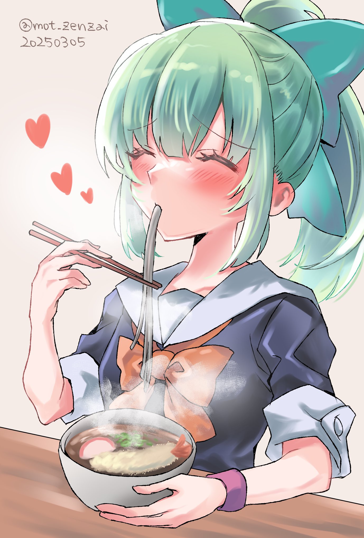 1girl blush bow bowl breasts chopped_spring_onion chopsticks dated eating food green_hair grey_hair hair_bow hair_ribbon highres holding holding_chopsticks kantai_collection long_hair mot_zenzai noodles nori_(seaweed) ponytail ramen ribbon school_uniform serafuku short_sleeves shrimp shrimp_tempura slurping smile tempura twitter_username yuubari_(kancolle)