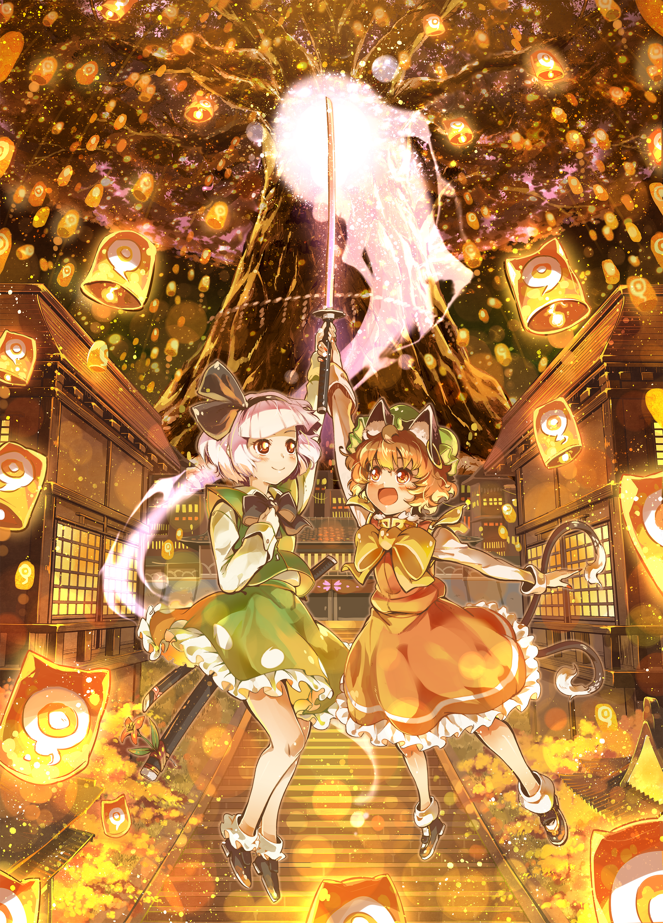 2girls :d absurdres animal_ear_fluff animal_ear_piercing animal_ears architecture arm_up black_bow black_bowtie black_hairband blunt_bangs bob_cut bow bowtie brown_eyes brown_hair cat_ears cat_tail chen cherry_blossoms closed_mouth commentary_request dress earrings east_asian_architecture floating green_hat green_skirt green_vest grey_hair hair_ribbon hairband hat highres hitodama hitodama_print holding holding_sword holding_weapon im_(badmasa) jewelry katana konpaku_youmu konpaku_youmu_(ghost) lantern long_sleeves mob_cap multiple_girls multiple_tails nail_polish nekomata open_mouth red_dress red_eyes ribbon rope saigyou_ayakashi shimenawa shirt short_hair single_earring skirt skirt_set smile socks stairs sword tail touhou tree two_tails vest weapon white_hair white_shirt white_socks yellow_bow yellow_bowtie