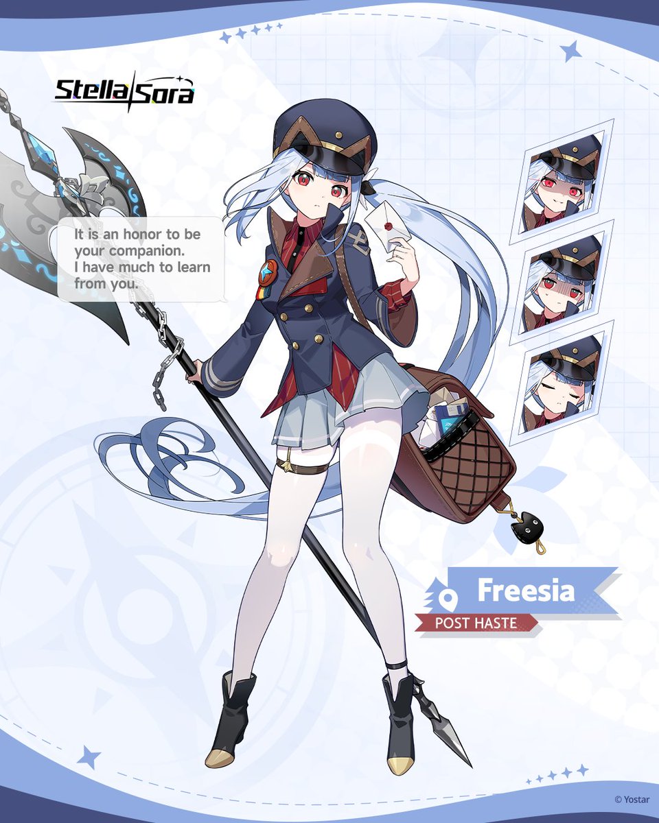 1girl absurdly_long_hair axe bag battle_axe black_boots black_hat black_jacket blue_background boots brown_bag character_name closed_eyes closed_mouth collared_shirt commentary dress_shirt english_commentary english_text envelope evil_smile floating_hair freesia_(stella_sora) frown full_body garter_straps glowing glowing_eyes grey_hair grey_skirt hat highres holding holding_axe holding_envelope holding_weapon jacket long_hair long_sleeves looking_at_viewer messenger_bag miniskirt multiple_expressions official_art pantyhose pinstripe_pattern pinstripe_shirt pleated_skirt red_eyes red_shirt second-party_source shaded_face shirt shoulder_bag single_garter_strap skirt smile solo speech_bubble stella_sora thigh_strap turn_pale very_long_hair weapon white_pantyhose