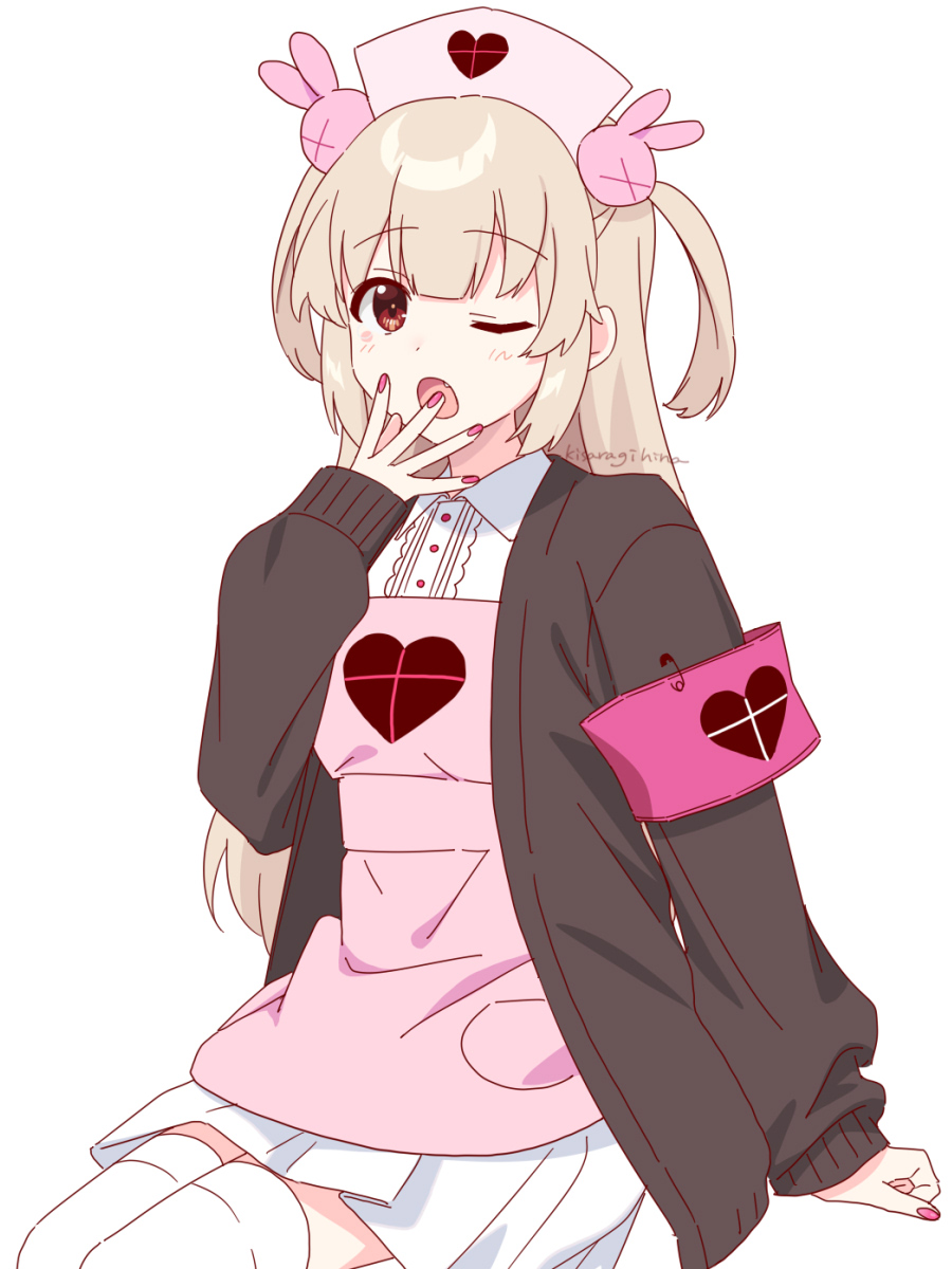 1girl apron armband blonde_hair blush cardigan commentary fang hair_ornament hat heart heart_print highres kisaragi_hina long_hair looking_at_viewer natori_sana natori_sana_(nurse) nurse_cap one_eye_closed open_mouth pink_apron pink_hat pink_nails rabbit_hair_ornament red_armband red_eyes sana_channel shirt signature simple_background solo thighhighs two_side_up virtual_youtuber white_background white_shirt white_thighhighs