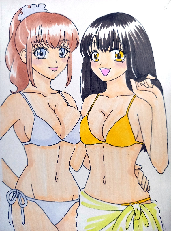 2girls bikini black_hair brown_hair engine_sentai_go-onger grey_eyes kwai_chi multiple_girls sarong rouyama_saki super_sentai sutou_miu swimsuit yellow_eyes