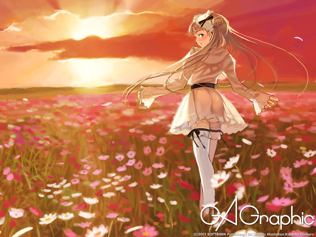 1girl ass belt blonde_hair dress female_focus field flower flower_field gagraphic haimura_kiyotaka hairband lolita_hairband long_hair looking_back no_panties outstretched_arms see-through_clothes short_dress solo spread_arms sunset thighhighs twintails white_thighhighs zettai_ryouiki