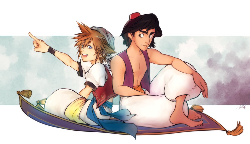 2boys aladdin_(disney) aladdin_(movie) armband back-to-back bare_pectorals barefoot black_armband black_hair blue_eyes blue_sash brown_eyes brown_hair collarbone commentary_request disney fez_hat harem_pants hat kingdom_hearts magic_carpet male_focus mim_(mimya0600) multiple_boys open_mouth outstretched_arm pants pectorals pointing purple_vest red_hat red_vest sash short_hair sitting sora_(kingdom_hearts) tassel teeth turban upper_teeth_only vest white_pants