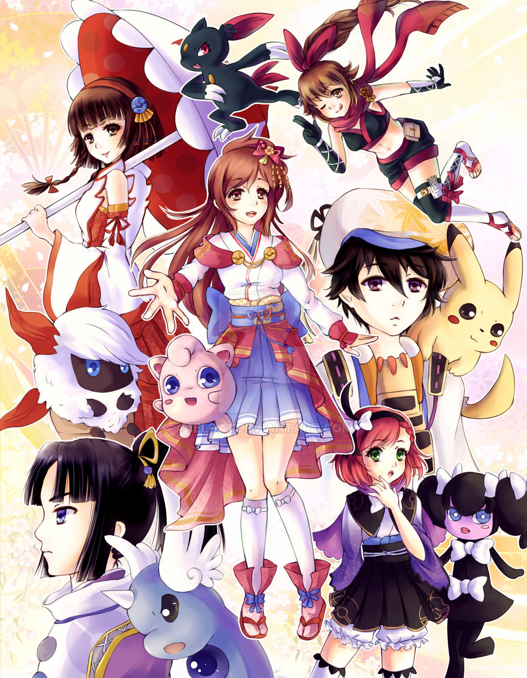 black_hair blue_eyes blunt_bangs brown_eyes brown_hair creatures_(company) dragonair game_freak gen_1_pokemon gen_2_pokemon gen_5_pokemon gothitelle green_eyes hair_between_eyes hair_ribbon highres hosokawa_gracia japanese_clothes jigglypuff kimono kunoichi_(sengoku_musou) larvesta long_hair long_sleeves medium_hair mori_ranmaru mori_ranmaru_(sengoku_musou) ninja nintendo oichi oichi_(pokemon_conquest) oichi_(sengoku_musou) okuni on_shoulder parasol pikachu pleated_skirt poke_ball_print pokemon pokemon_(creature) pokemon_conquest pokemon_on_shoulder ponytail purple_eyes red_hair ribbon sengoku_musou skirt smile sneasel tabi takenaka_hanbei thighhighs umbrella