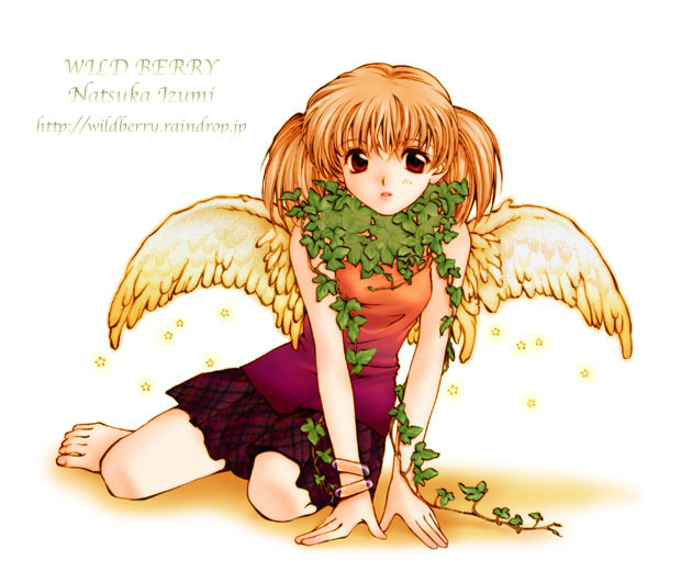 1girl arm_support artist_name bad_id barefoot colored_shadow feathered_wings foliage full_body gradient_clothes izumi_natsuka leaf leaning_forward looking_to_the_side miniskirt orange_hair original parted_lips plaid_clothes plaid_skirt plant purple_skirt red_eyes shadow shirt short_twintails skirt sleeveless sleeveless_shirt solo star_(symbol) twintails vines white_background white_wings wings