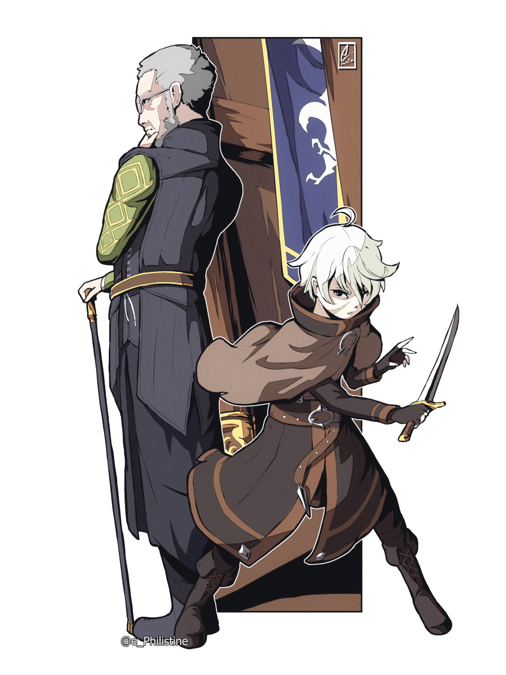1boy 1girl anna_pascal belt benedict_pascal black_footwear boots brown_capelet cane capelet fingerless_gloves glasses gloves grey_hair gzei hair_between_eyes highres holding holding_knife holding_weapon knife long_sleeves old old_man scar scar_on_face short_hair sideburns triangle_strategy weapon white_hair