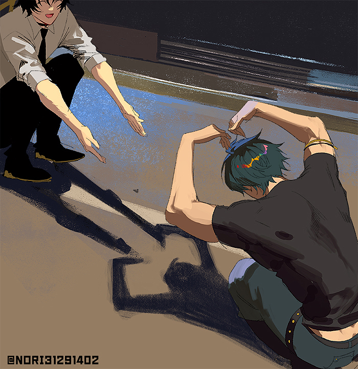 ... 1boy 2boys asaba_harumasa black_necktie black_pants black_shirt cat_shadow_puppet_(meme) collared_shirt green_hair headband heart jewelry lighter_(zenless_zone_zero) meme multiple_boys necklace necktie pants penis_shadow phallic_symbol runa_(nori31291404) shadow_puppet shirt short_sleeves sleeves_rolled_up spoken_ellipsis spoken_heart squatting sunglasses toned toned_male twitter_username white_shirt yellow_headband zenless_zone_zero
