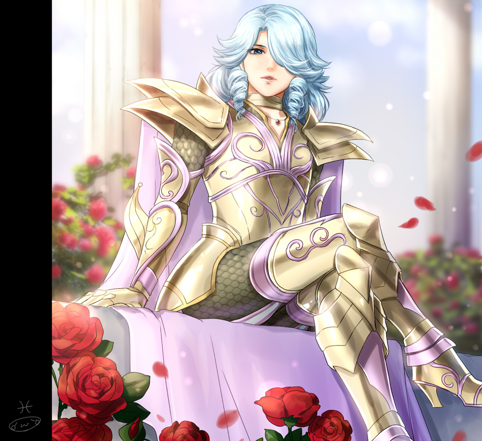 1boy armor blue_eyes boots cape crossdressing crossdressing_(mtf) crossed_legs drill_hair drill_sidelocks flower full_body gold_armor gold_cloth gold_saint gold_scales hair_over_one_eye high_heel_boots high_heels looking_at_viewer male_focus medium_hair mizuhara_aki outdoors parted_lips pauldrons petals pillar pink_cape pink_lips pink_trim pisces_aphrodite red_flower red_petals red_rose ringlets rose rose_bush rose_petals saint_seiya saint_seiya:_legend_of_sanctuary scale_armor scales shoulder_armor sidelocks sitting solo trap