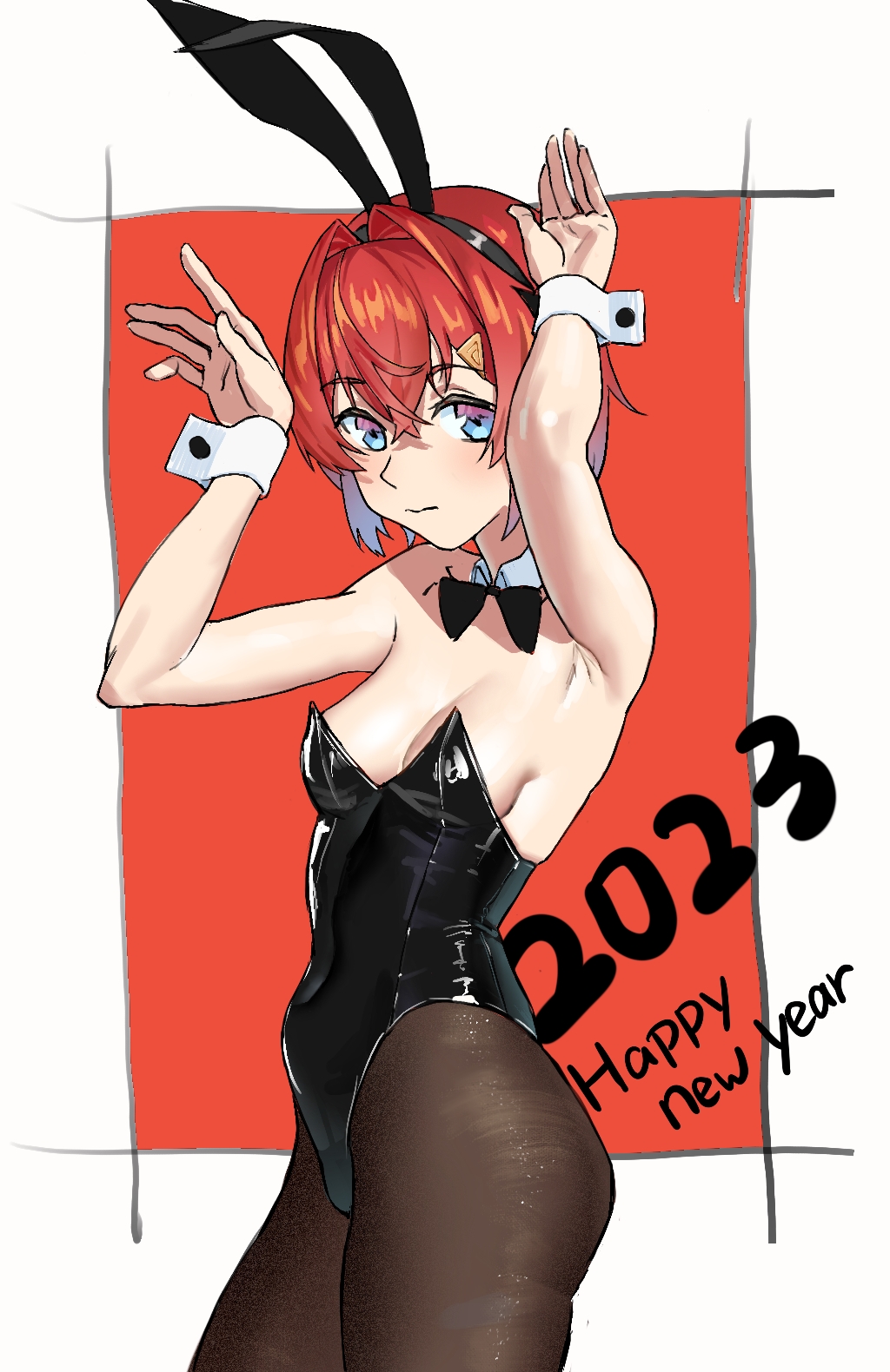 1girl 2023 alternate_costume alternate_hair_color ange_katrina animal_ear_hairband animal_ears armpits bare_arms bare_shoulders black_bow black_bowtie black_hairband black_leotard blue_eyes blue_hair border bow bowtie breasts brown_pantyhose closed_mouth collar commentary_request covered_navel cowboy_shot crossed_bangs detached_collar fake_animal_ears gradient_eyes gradient_hair hair_between_eyes hair_intakes hair_ornament hairband hands_up happy_new_year highres leo_liao323 leotard light_blush long_bangs looking_at_viewer mixed-language_commentary multicolored_eyes multicolored_hair new_year nijisanji orange_background outside_border pantyhose playboy_bunny purple_eyes rabbit_ear_hairband rabbit_ears rabbit_pose red_hair short_hair sideboob small_breasts solo strapless strapless_leotard triangle_hair_ornament virtual_youtuber white_border white_collar white_wrist_cuffs wrist_cuffs