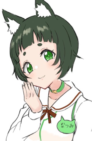 1girl :3 animal_ears animare blunt_bangs blush collar dog_ears female_focus green_collar green_eyes green_hair hand_to_own_mouth hashiba_natsumi_(animare) kaito_(kaito921125) long_sleeves lowres name_tag nanashi_inc. shirt short_hair simple_background smile solo thick_eyebrows upper_body virtual_youtuber white_background white_shirt