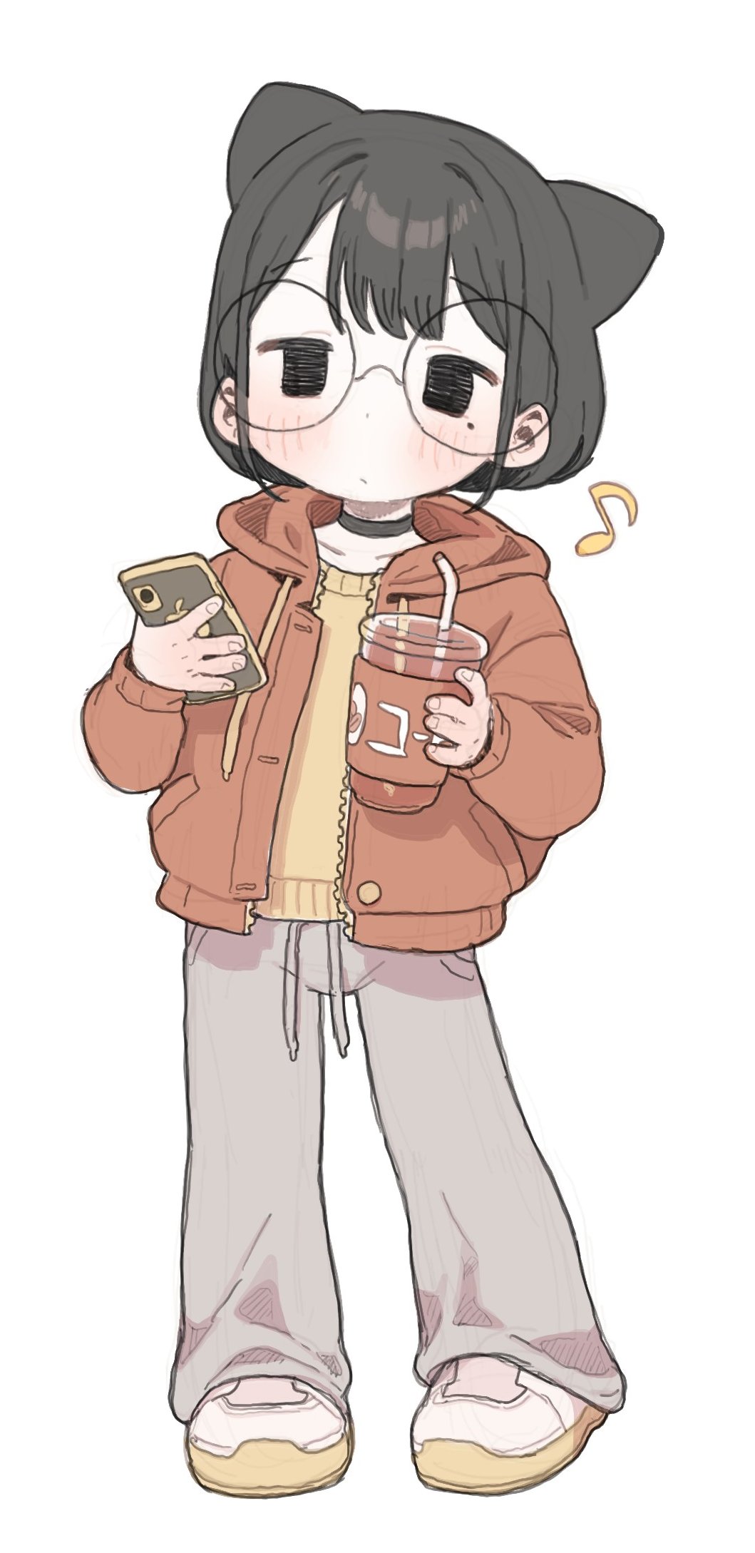 1girl animal_ears black_eyes black_hair cellphone choker glasses highres mole mole_under_eye musical_note original phone possi_onanikki possummachine quarter_note round_eyewear short_hair simple_background smartphone white_background
