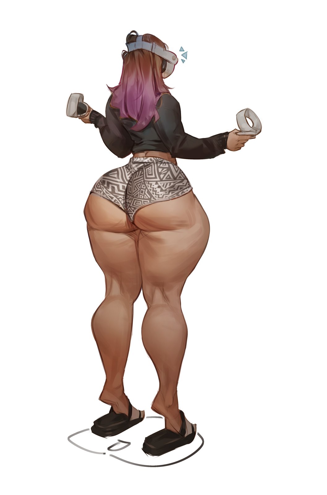 1girl ass ass_focus black_sandals black_shirt from_behind full_body head-mounted_display highres huge_ass long_hair original print_shorts purple_hair sandals shirt short_shorts shorts simple_background solo thatmfdiego tiptoes white_background