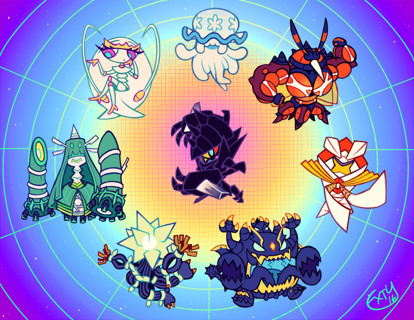 arthropod_girl blacephalon buzzwole celesteela commentary creature english_commentary extyrannomon_(artist) eyelashes full_body gen_7_pokemon guzzlord kartana legendary_pokemon necrozma necrozma_(normal) nihilego nintendo pheromosa pokemon pokemon_(creature) signature ultra_beast xurkitree