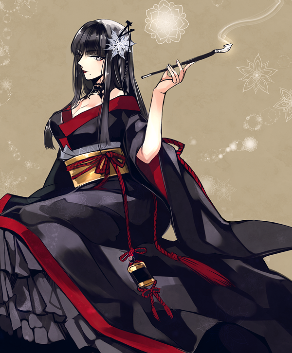 1girl black_collar black_hair black_kimono blunt_bangs breasts cleavage collar commentary feet_out_of_frame final_fantasy final_fantasy_xiv floral_background floral_print flower from_side grey_eyes hair_flower hair_ornament hair_stick hand_up holding holding_smoking_pipe hyur inrou japanese_clothes kimono kiseru kuromitsu_(96mitsu_ff14) lace_collar long_hair looking_at_viewer medium_breasts obi obiage obijime off_shoulder red_lips sash simple_background sitting smoke smoking_pipe solo square_enix straight_hair tassel two-sided_fabric wide_sleeves yellow_background yokozuwari yotsuyu_goe_brutus