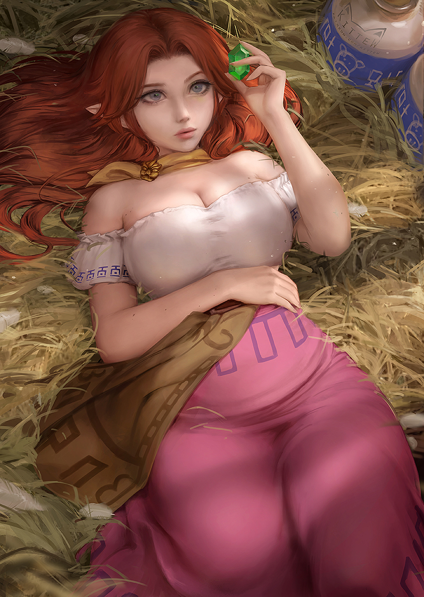 1girl artist_logo artist_name bare_shoulders blue_eyes breasts cleavage closed_mouth commentary english_commentary gem green_gemstone hand_on_stomach hand_up hay highres holding kittew large_breasts lips logo long_hair lying malon mole mole_on_arm mole_on_breast nintendo nose on_back paid_reward_available pointy_ears pot pregnant purple_skirt red_hair rupee_(zelda) shirt short_sleeves skirt solo the_legend_of_zelda the_legend_of_zelda:_ocarina_of_time white_shirt
